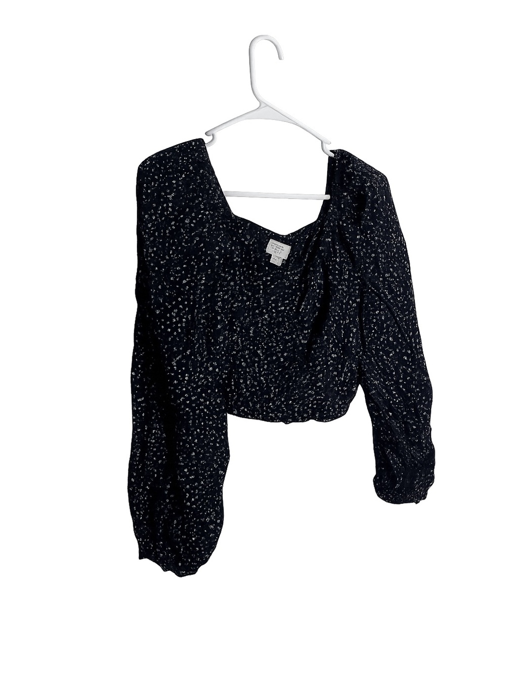 a new day Black Dotted Puff-Sleeve Smocked Crop Top
